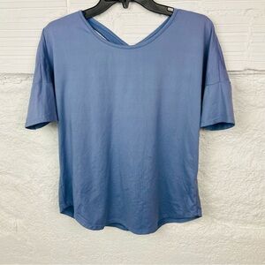 ETHEREAL blue cut out criss cross 3/4 sleeve stretch shirt size medium